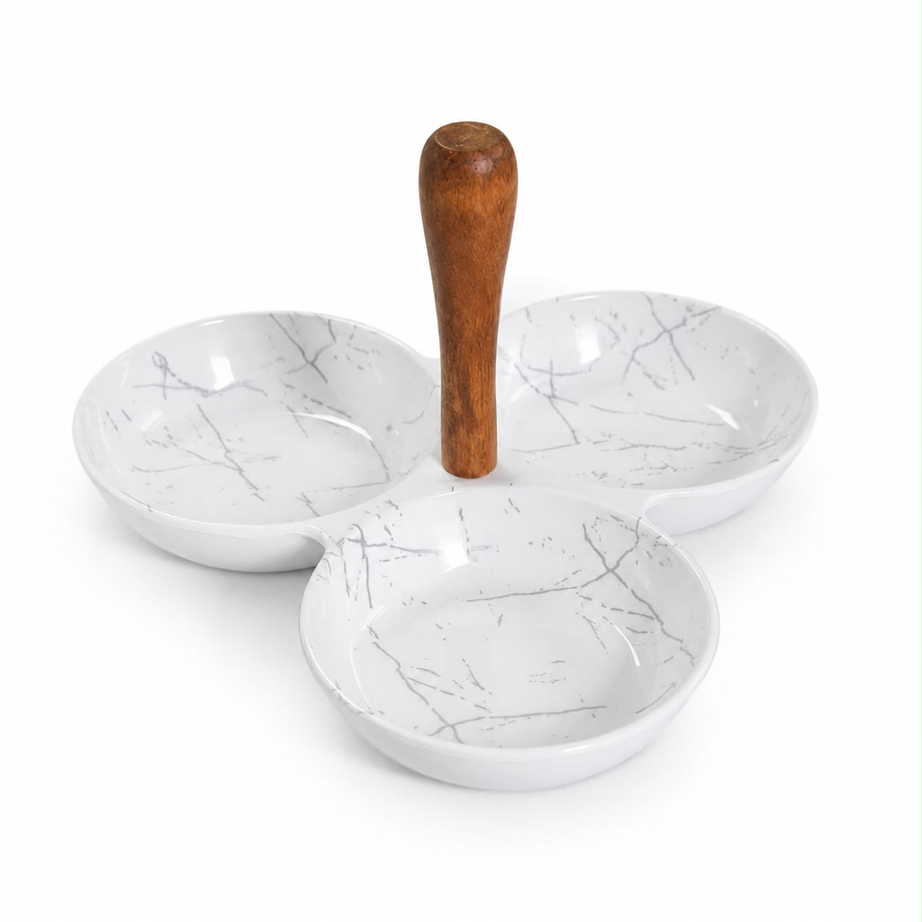 Melamine triple serving tray with woorden handle