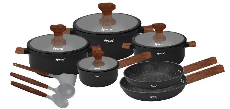 [HA-13FB] Cookwareset - 13-piece - Black with wooden handle